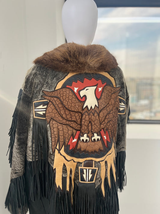 "Volcano" Leather Fur Collar Fringe Eagle Coat L-XL